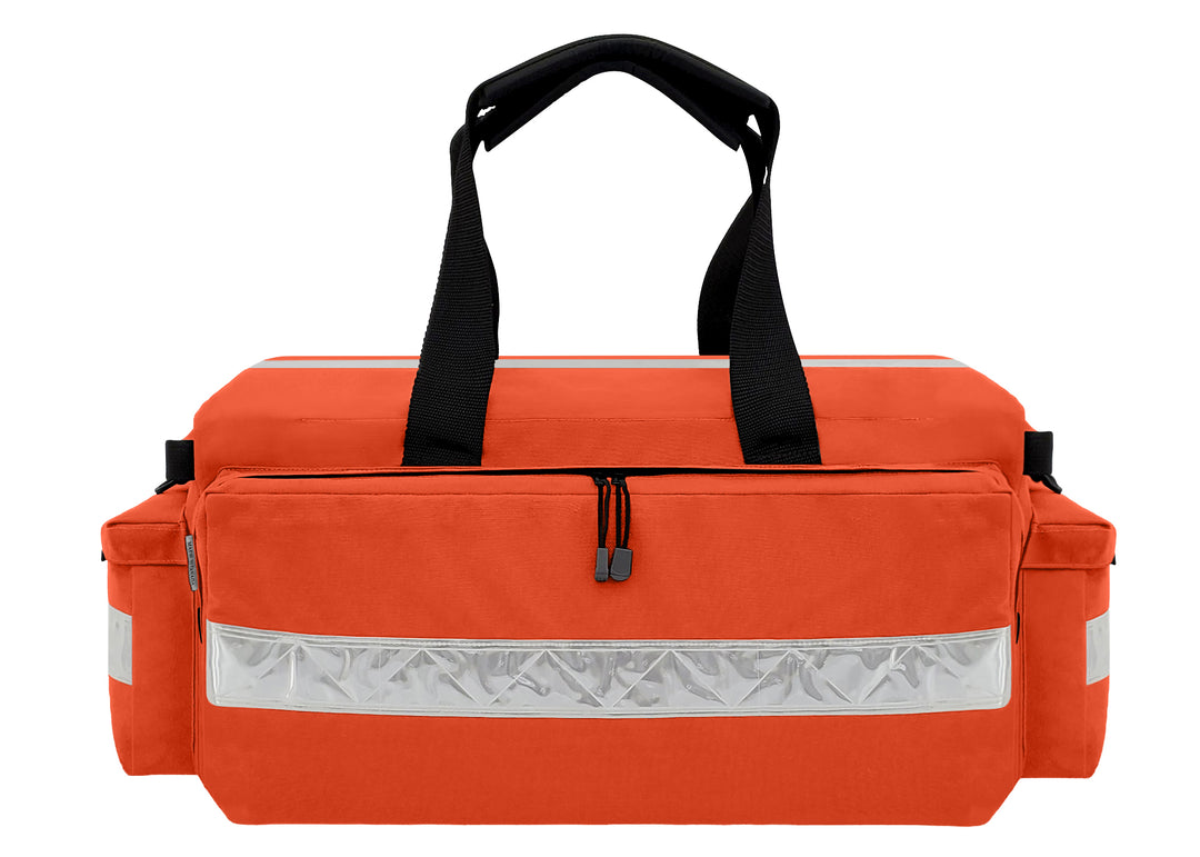 The Oxygen Duffel Backpack is made from durable industrial orange Cordura® 1000 denier nylon with a polyurethane coating. It features a 2-inch white hi-gloss reflective trim on top, front, back and end pockets, YKK zippers with zip clips, heavy poly webbing carry handles, and two plastic D-rings. Heavy poly webbing carry handles and two plastic D rings.