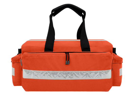 The Oxygen Duffel Backpack is made from durable industrial orange Cordura® 1000 denier nylon with a polyurethane coating. It features a 2-inch white hi-gloss reflective trim on top, front, back and end pockets, YKK zippers with zip clips, heavy poly webbing carry handles, and two plastic D-rings. Heavy poly webbing carry handles and two plastic D rings.