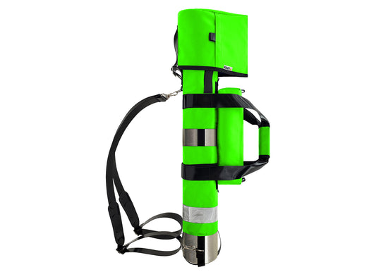 Outside Dimensions: 25" (L) x 15½" (Circumference) x 7½" (Diameter). Fits an "E" Oxygen Cylinder (not included). Weight: 3.04 lbs. Outer fabric: 18 oz. PVC. Lining: 210 denier nylon with polyurethane. 2” white high-gloss reflective trim, coated seatbelt, heavy-duty metal D-rings, snap hooks, tri-glides, 2 extra D-rings, YKK Zipper. Main compartment: cylindrical with a drawstring, padded regulator hood, and a removable pouch secured with Velcro.  2 adjustable shoulder straps are non-slip, open bottom design.