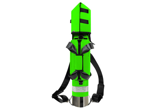 Outside Dimensions: 25" (L) x 15½" (Circumference) x 7½" (Diameter). Fits an "E" Oxygen Cylinder (not included). Weight: 3.04 lbs. Outer fabric: 18 oz. PVC. Lining: 210 denier nylon with polyurethane. 2” white high-gloss reflective trim, coated seatbelt, heavy-duty metal D-rings, snap hooks, tri-glides, 2 extra D-rings, YKK Zipper. Main compartment: cylindrical with a drawstring, padded regulator hood, and a removable pouch secured with Velcro.  2 adjustable shoulder straps are non-slip, open bottom design.