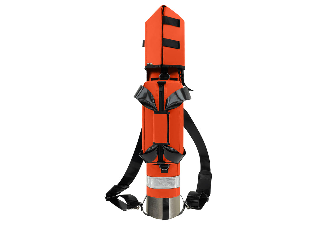 Outside Dimensions: 25" (L) x 15½" (Circumference) x 7½" (Diameter). Fits an "E" Oxygen Cylinder (not included). Weight: 3.04 lbs. Outer fabric: 18 oz. PVC. Lining: 210 denier nylon with polyurethane. 2” white high-gloss reflective trim, coated seatbelt, heavy-duty metal D-rings, snap hooks, tri-glides, 2 extra D-rings, YKK Zipper. Main compartment: cylindrical with a drawstring, padded regulator hood, and a removable pouch secured with Velcro.  2 adjustable shoulder straps are non-slip, open bottom design.