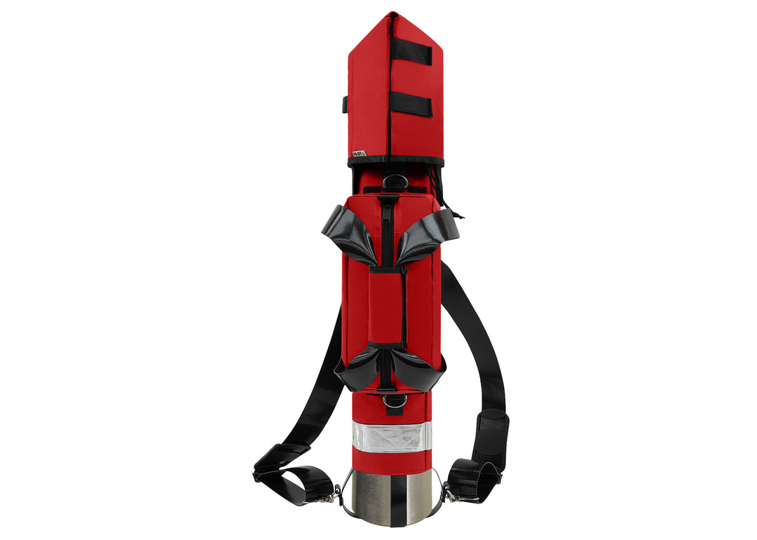 Outside Dimensions: 25" (L) x 15½" (Circumference) x 7½" (Diameter). Fits an "E" Oxygen Cylinder (not included). Weight: 3.04 lbs. Outer fabric: 18 oz. PVC. Lining: 210 denier nylon with polyurethane. 2” white high-gloss reflective trim, coated seatbelt, heavy-duty metal D-rings, snap hooks, tri-glides, 2 extra D-rings, YKK Zipper. Main compartment: cylindrical with a drawstring, padded regulator hood, and a removable pouch secured with Velcro.  2 adjustable shoulder straps are non-slip, open bottom design.