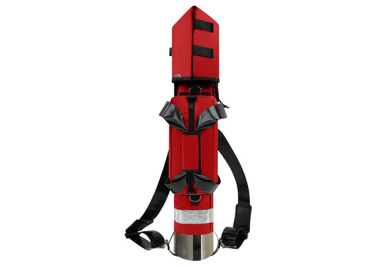Outside Dimensions: 25" (L) x 15½" (Circumference) x 7½" (Diameter). Fits an "E" Oxygen Cylinder (not included). Weight: 3.04 lbs. Outer fabric: 18 oz. PVC. Lining: 210 denier nylon with polyurethane. 2” white high-gloss reflective trim, coated seatbelt, heavy-duty metal D-rings, snap hooks, tri-glides, 2 extra D-rings, YKK Zipper. Main compartment: cylindrical with a drawstring, padded regulator hood, and a removable pouch secured with Velcro.  2 adjustable shoulder straps are non-slip, open bottom design.