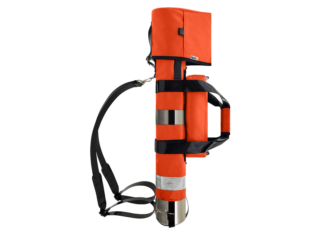 Outside Dimensions: 25" (L) x 15½" (Circumference) x 7½" (Diameter). Fits an "E" Oxygen Cylinder (not included). Weight: 3.04 lbs. Outer fabric: 18 oz. PVC. Lining: 210 denier nylon with polyurethane. 2” white high-gloss reflective trim, coated seatbelt, heavy-duty metal D-rings, snap hooks, tri-glides, 2 extra D-rings, YKK Zipper. Main compartment: cylindrical with a drawstring, padded regulator hood, and a removable pouch secured with Velcro.  2 adjustable shoulder straps are non-slip, open bottom design.