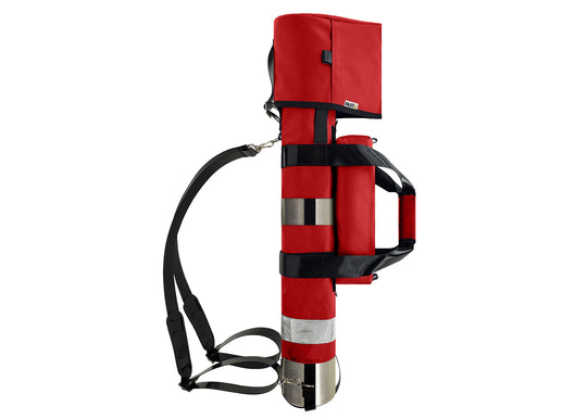 Outside Dimensions: 25" (L) x 15½" (Circumference) x 7½" (Diameter). Fits an "E" Oxygen Cylinder (not included). Weight: 3.04 lbs. Outer fabric: 18 oz. PVC. Lining: 210 denier nylon with polyurethane. 2” white high-gloss reflective trim, coated seatbelt, heavy-duty metal D-rings, snap hooks, tri-glides, 2 extra D-rings, YKK Zipper. Main compartment: cylindrical with a drawstring, padded regulator hood, and a removable pouch secured with Velcro.  2 adjustable shoulder straps are non-slip, open bottom design.