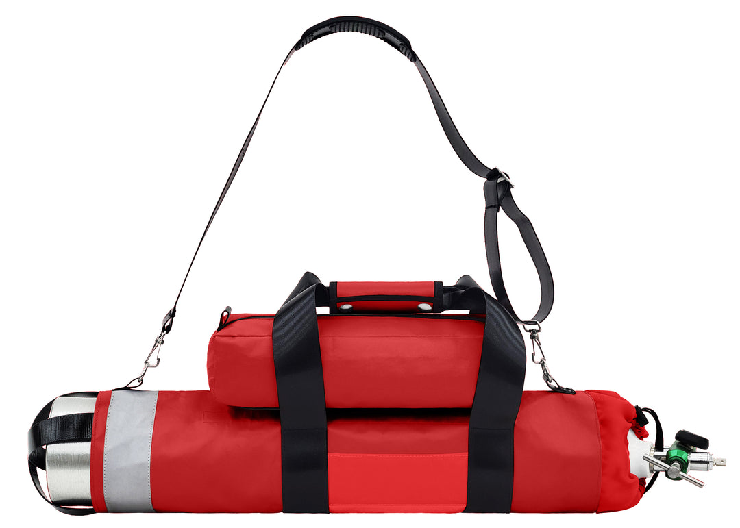 Outside Dimensions: 25" (L) x 15 1/2" (Circumference) x 7 1/2" (Diameter). Fits an "E" Oxygen Cylinder (not included). Weighs 1.8 lbs. Made of durable 18 oz PVC with 2” 3M reflective trim. Features nylon lining, coated webbing seatbelt, two welded D-rings, snap hooks, tri-glide, waterproof zippers, cylindrical main compartment for an oxygen tank, top drawstring, no hood, removable pouch with 6 snaps. Includes 2 coated webbing handles, vinyl snaps, adjustable shoulder strap with non-slip pad & open bottom.