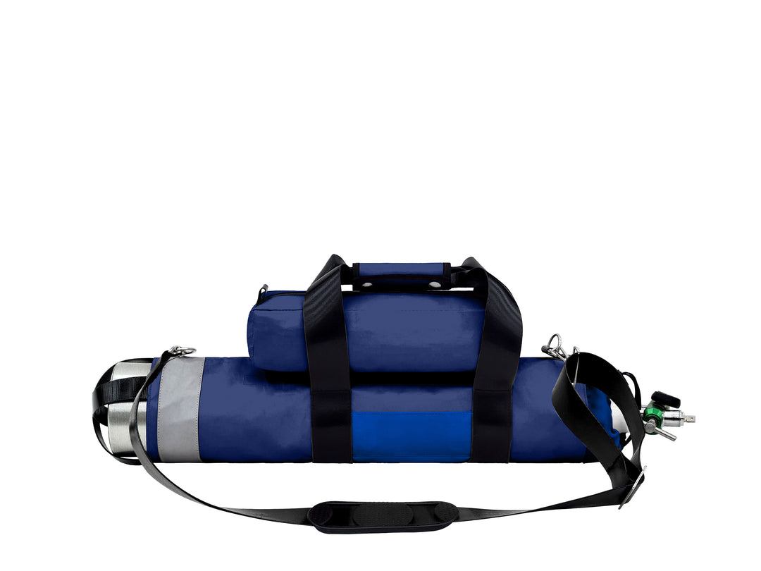 Outside Dimensions: 25" (L) x 15 1/2" (Circumference) x 7 1/2" (Diameter). Fits an "E" Oxygen Cylinder (not included). Weighs 1.8 lbs. Made of durable 18 oz PVC with 2” 3M reflective trim. Features nylon lining, coated webbing seatbelt, two welded D-rings, snap hooks, tri-glide, waterproof zippers, cylindrical main compartment for an oxygen tank, top drawstring, no hood, removable pouch with 6 snaps. Includes 2 coated webbing handles, vinyl snaps, adjustable shoulder strap with non-slip pad & open bottom.