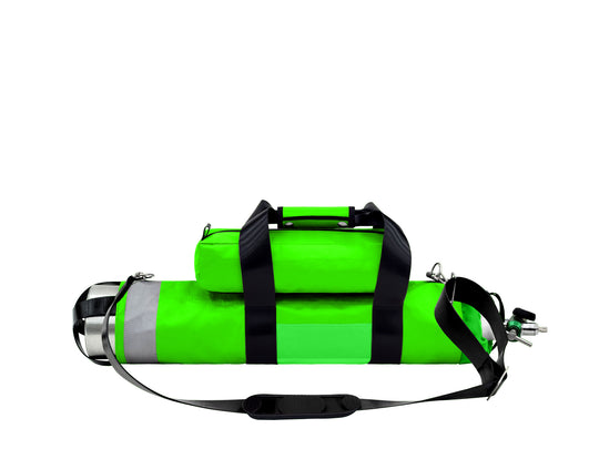 Outside Dimensions: 25" (L) x 15 1/2" (Circumference) x 7 1/2" (Diameter). Fits an "E" Oxygen Cylinder (not included). Weighs 1.8 lbs. Made of durable 18 oz PVC with 2” 3M reflective trim. Features nylon lining, coated webbing seatbelt, two welded D-rings, snap hooks, tri-glide, waterproof zippers, cylindrical main compartment for an oxygen tank, top drawstring, no hood, removable pouch with 6 snaps. Includes 2 coated webbing handles, vinyl snaps, adjustable shoulder strap with non-slip pad & open bottom.