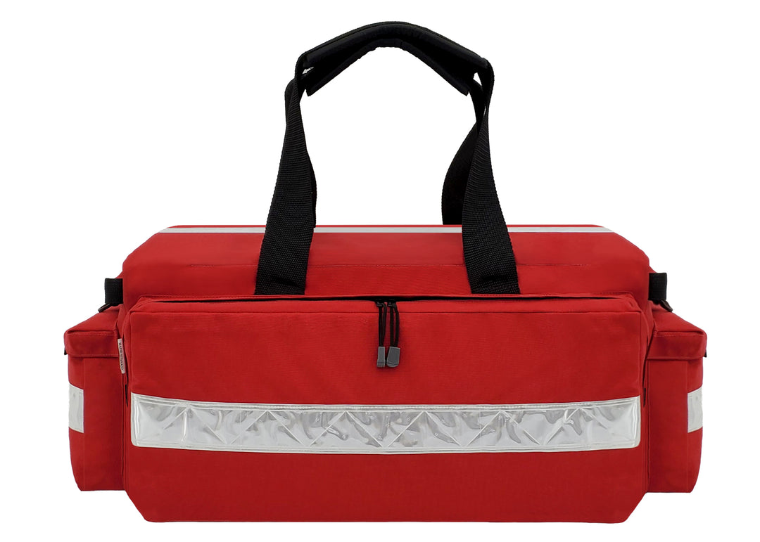 The Oxygen Duffel Backpack is made from durable red Cordura® 1000 denier nylon with a polyurethane coating. It features a 2-inch white hi-gloss reflective trim on top, front, back and end pockets, YKK zippers with zip clips, heavy poly webbing carry handles, and two plastic D-rings. Heavy poly webbing carry handles and two plastic D rings.