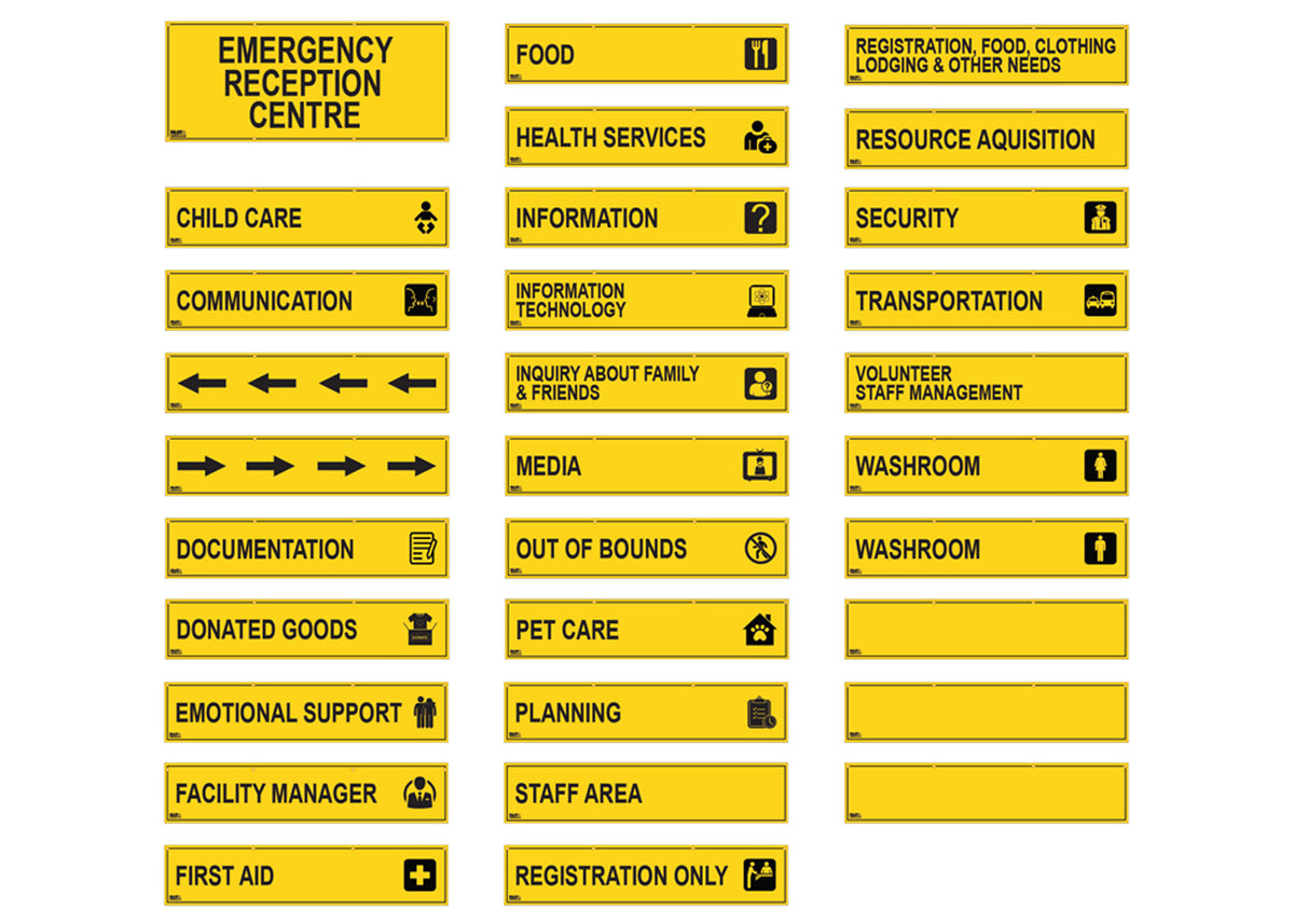 Material: Lightweight yellow nylon with black lettering and heavy-duty grommets for hanging.

Includes:
- 1 Emergency Reception Centre sign (41” x 70”)
- 30 banners (12" x 70")