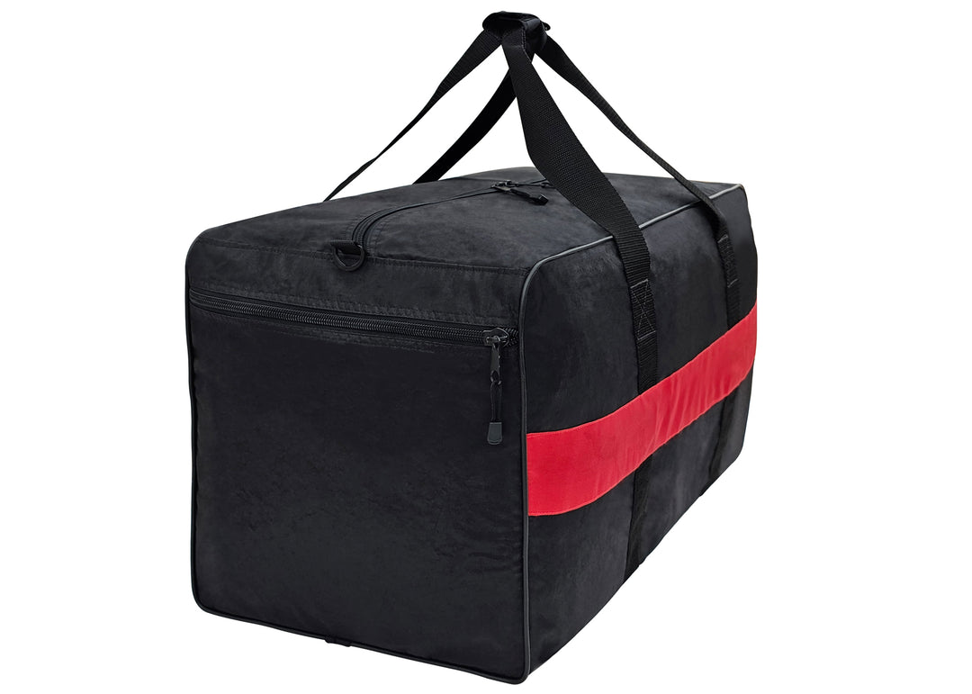 Introducing our rugged black duffel turnout gear bag, built for firefighters and first responders who need reliable storage on the go. It features a convenient full-length top zipper, an additional zippered end pocket, and an inside pocket for easy organization. Reinforced piping adds durability, while the spacious 30"L x 14"H x 16"W design gives you the room you need for essential gear.