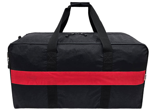 Introducing our rugged black duffel turnout gear bag, built for firefighters and first responders who need reliable storage on the go. It features a convenient full-length top zipper, an additional zippered end pocket, and an inside pocket for easy organization. Reinforced piping adds durability, while the spacious 30"L x 14"H x 16"W design gives you the room you need for essential gear.