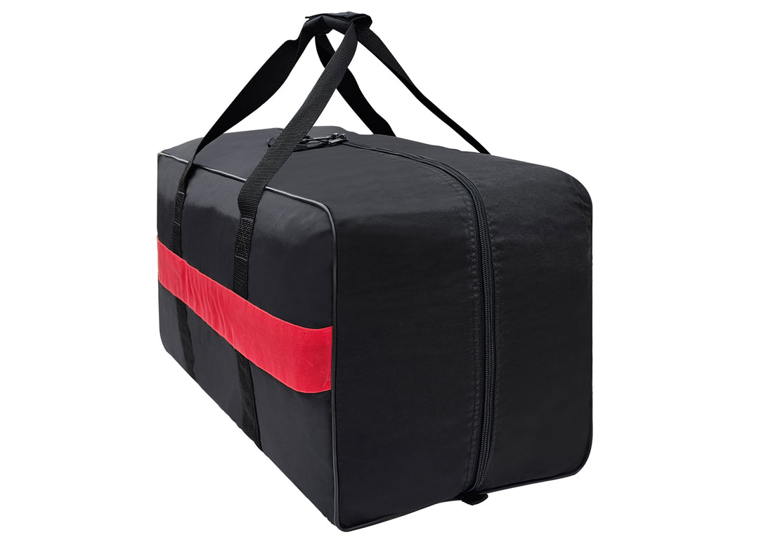 Introducing our rugged black duffel turnout gear bag, built for firefighters and first responders who need reliable storage on the go. It features a convenient full-length top zipper, an additional zippered end pocket, and an inside pocket for easy organization. Reinforced piping adds durability, while the spacious 30"L x 14"H x 16"W design gives you the room you need for essential gear.