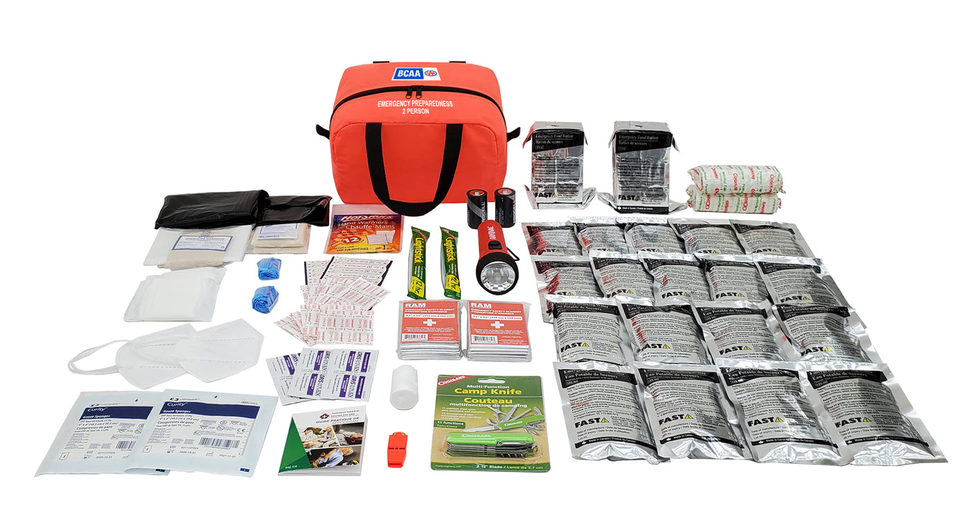 BCAA Grab-and-Go Emergency Preparedness Kit for 2 person. Including 18  emergency water rations & 2 emergency food rations meets SOLAS (Survival of Life at Sea) International Standards. 20% off for all BCAA Members.