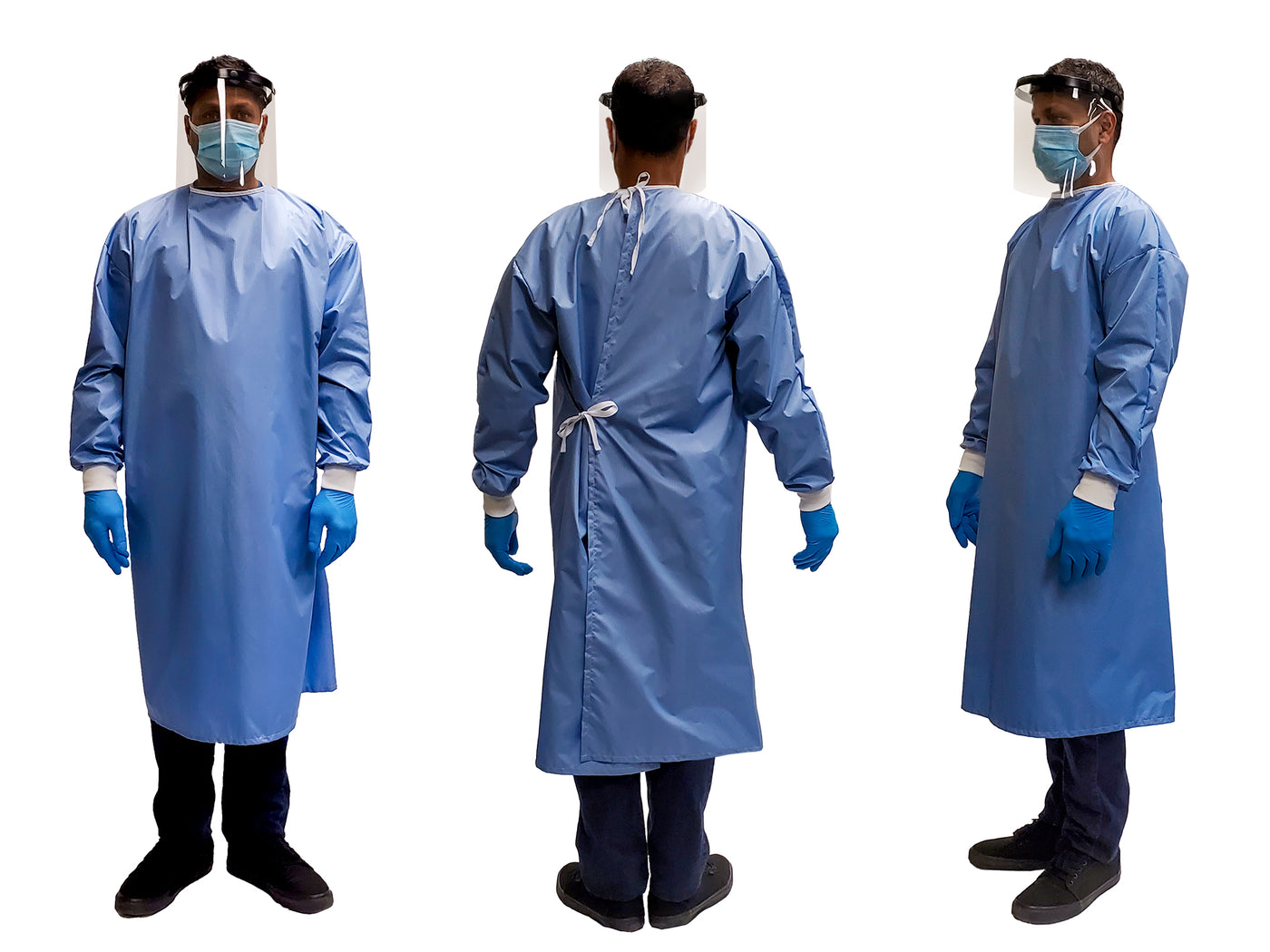 Man wearing a Fast Reusable Isolation Gown4000 Level 2 made with anti-static blue polyester material. Canadian Made. Front/Back/Profile view.